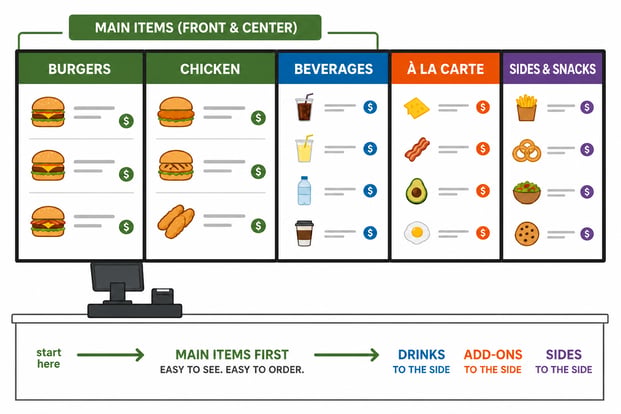 Graphic of a right to left ordering station for a indoor menu design
