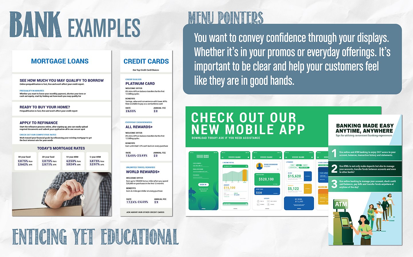 Bank and credit union digital signage design examples with rate boards and app promo Bank and credit union digital signage design examples with rate boards and app promo