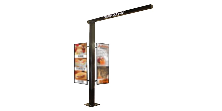 Brand booster wings mounted on a double drive-thru clearance bar
