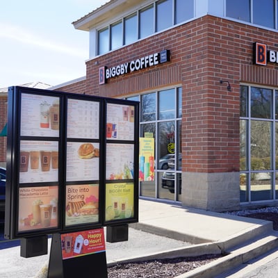DT Choice printed drive-thru menu board installed at a coffee shop