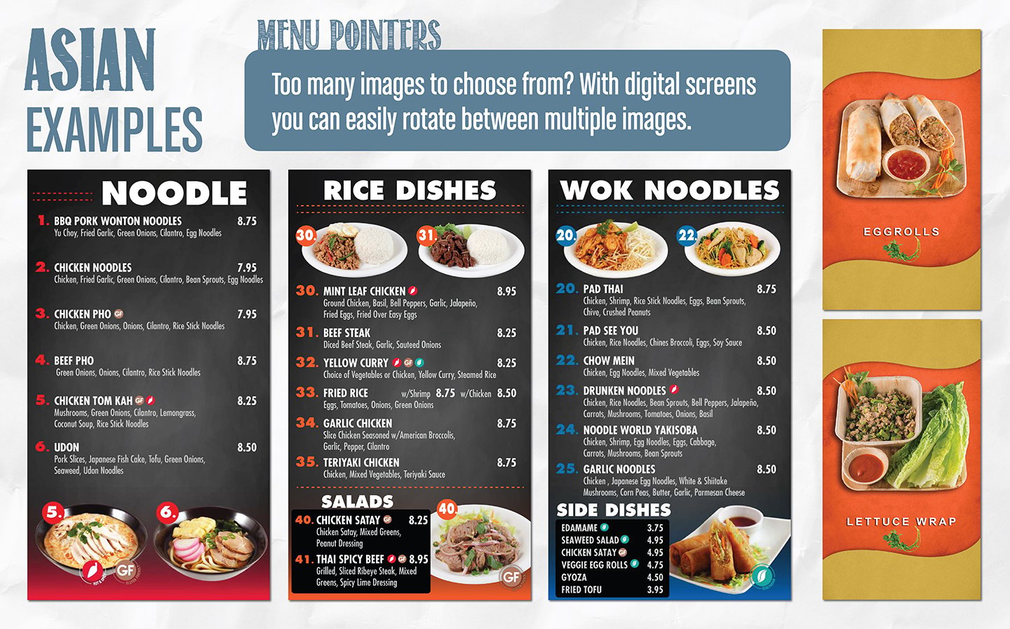 Asian restaurant menu board design examples with numbered dishes, dietary flags, and lto photo zones Asian restaurant menu board design examples with numbered dishes, dietary flags, and lto photo zones