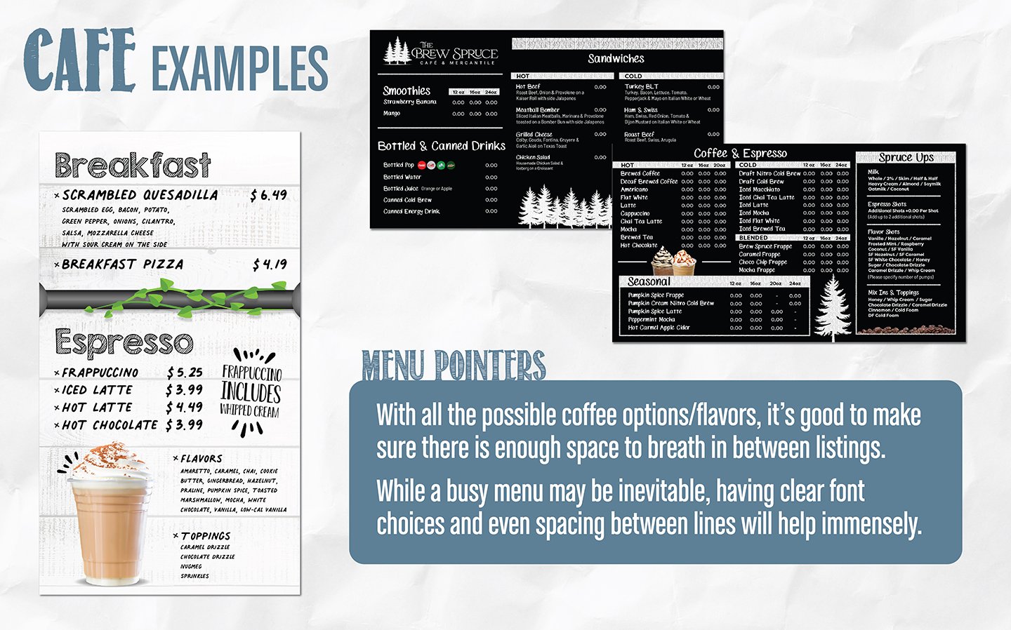 Cafe and coffee shop menu board design examples with drink grids and seasonal sections Cafe and coffee shop menu board design examples with drink grids and seasonal sections