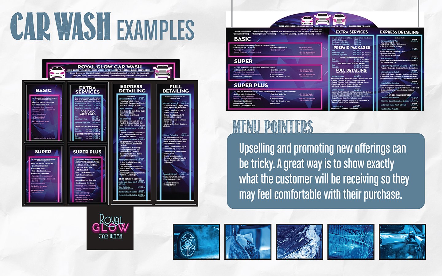 Car wash menu sign design examples with wash package tier columns and neon branding Car wash menu sign design examples with wash package tier columns and neon branding