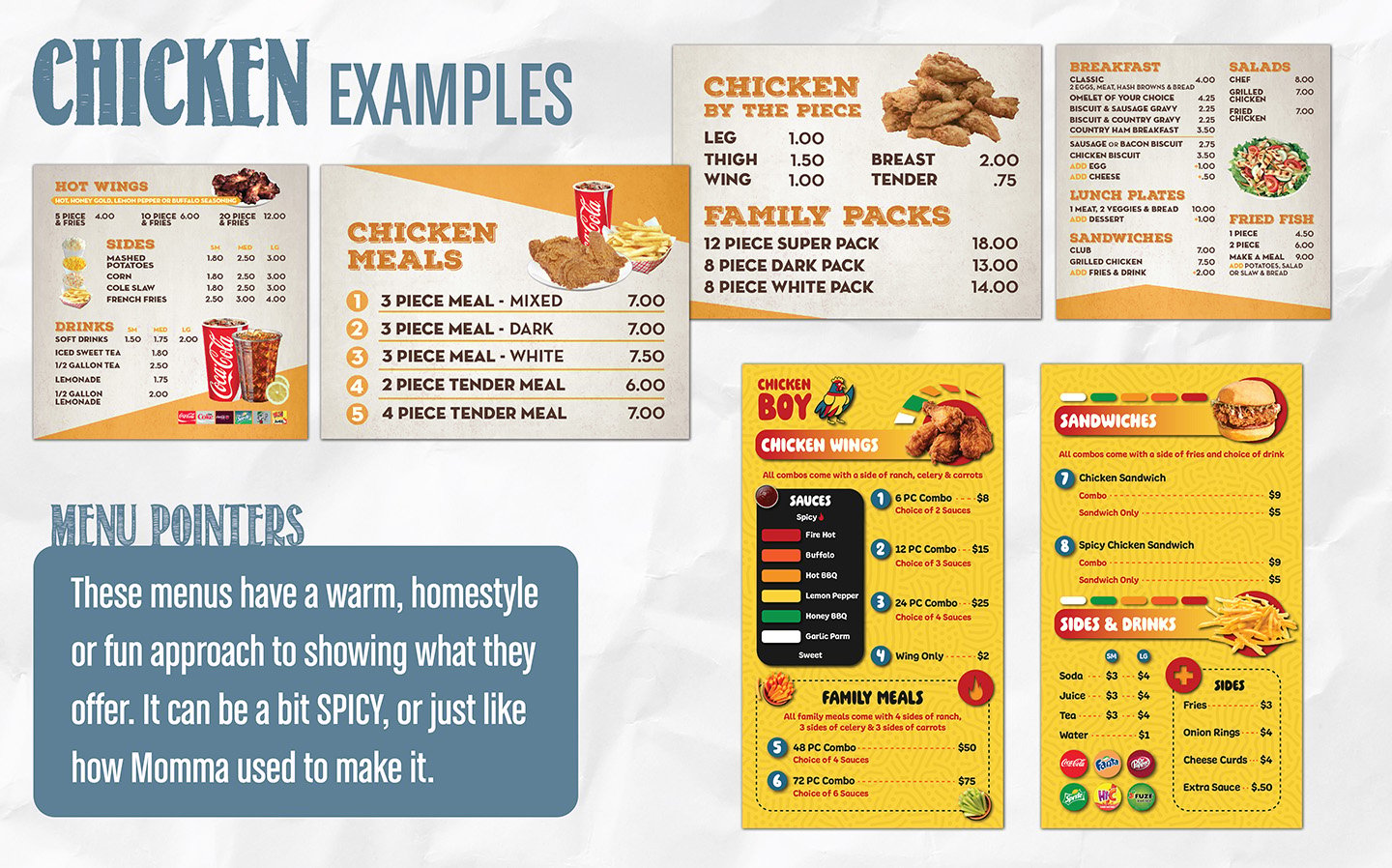 hicken menu board design examples with by the piece pricing, family packs, and a wing sauce heat scale hicken menu board design examples with by the piece pricing, family packs, and a wing sauce heat scale