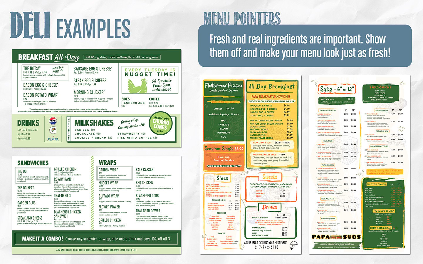 Deli and sandwich shop menu board design examples with a combo callout and a rotating weekly special. Deli and sandwich shop menu board design examples with a combo callout and a rotating weekly special.