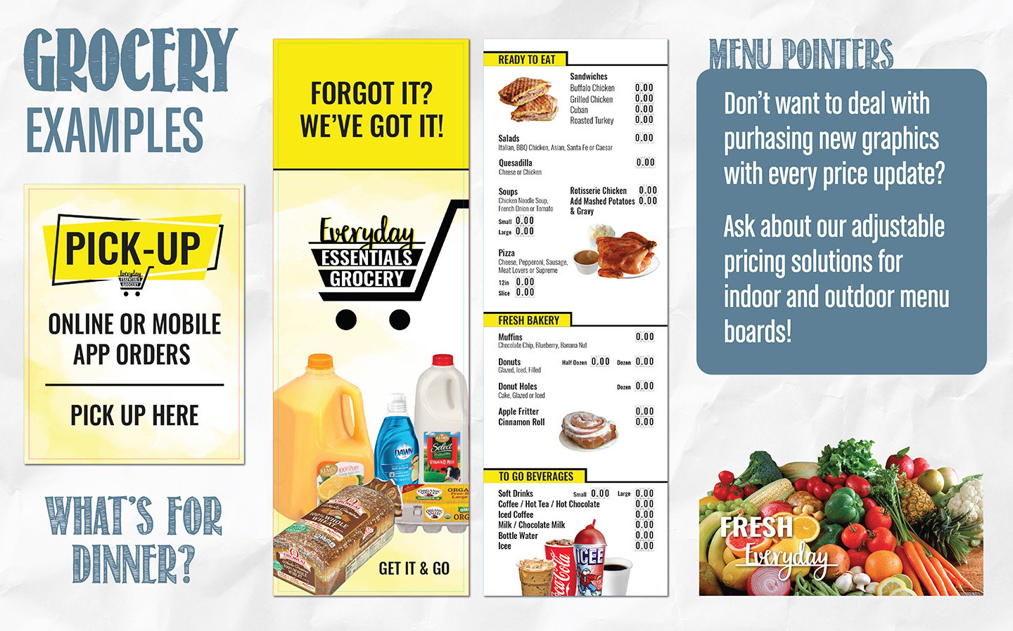 Grocery store signage design examples with deli menu, bakery list, and pickup signs Grocery store signage design examples with deli menu, bakery list, and pickup signs