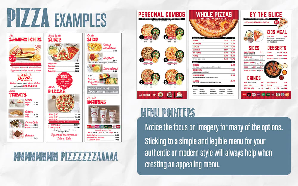 Pizza menu board design examples with photo combos and by the slice price lists Pizza menu board design examples with photo combos and by the slice price lists
