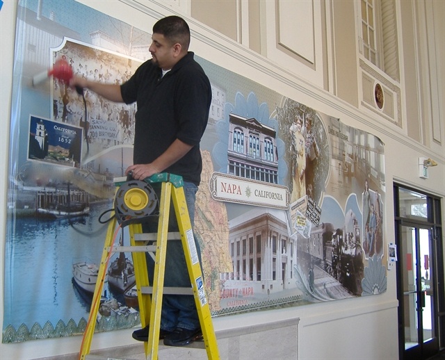 Wall mural graphics installed on an interior dining room wall Wall mural graphics installed on an interior dining room wall