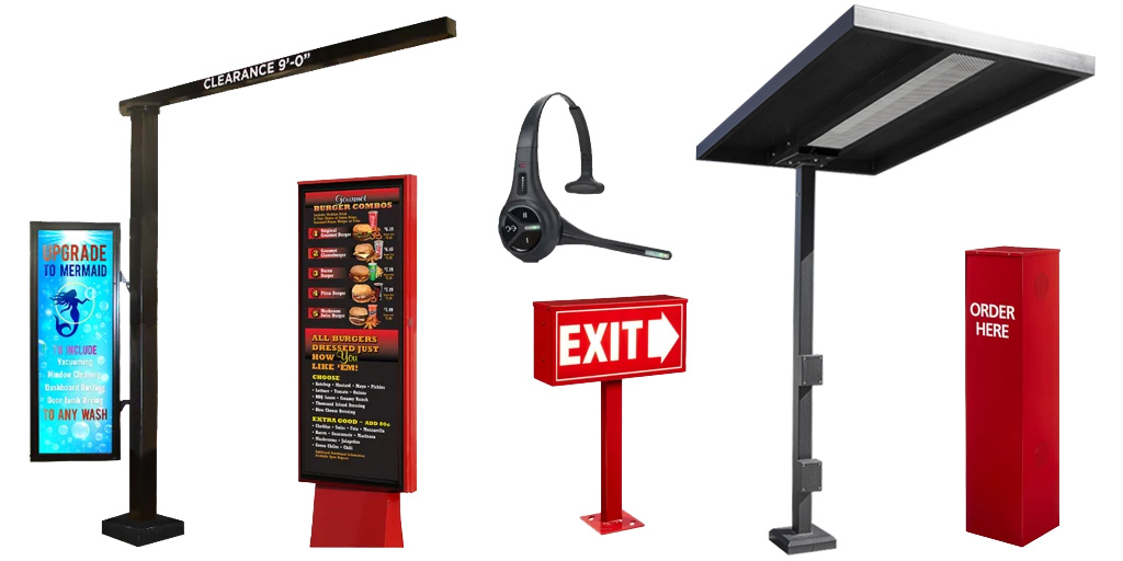 clearance bar with a bosster wing, presell board, headset, speaker post, directional sign, and a flat top canopy clearance bar with a bosster wing, presell board, headset, speaker post, directional sign, and a flat top canopy