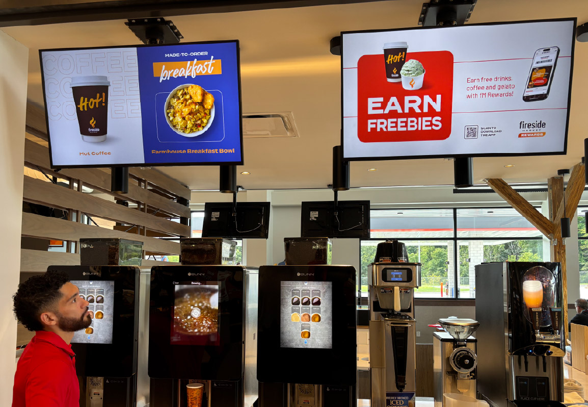 Digital display screens inside a convenience store